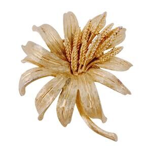 VTG Signed BSK Gold Tone Wheat and Lily Brooch, Mid-Century Floral Pin, 50s 60s